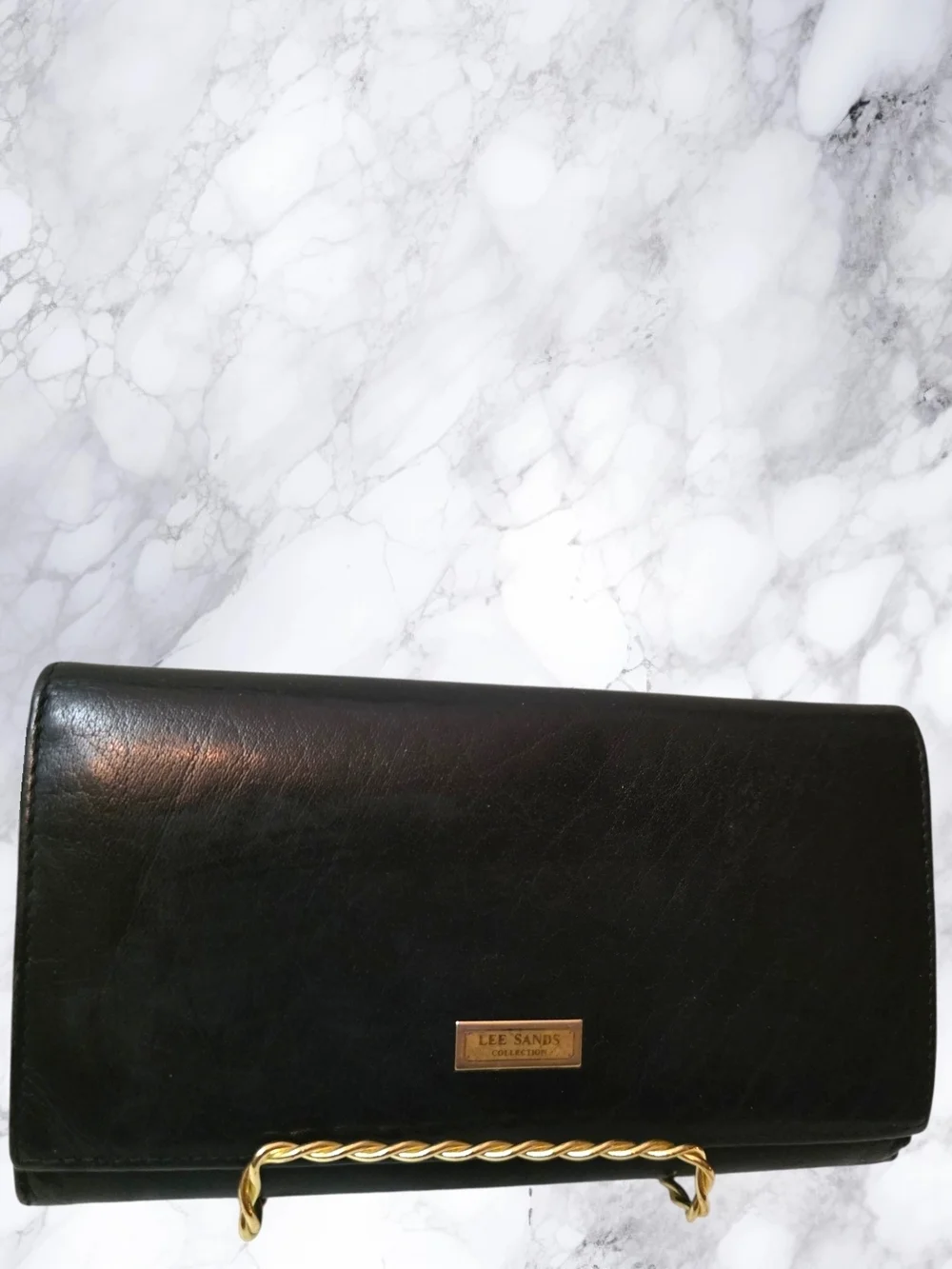 Vintage Lee Sands Black Leather Frame Wallet Clutch Organizer Kisslock Style